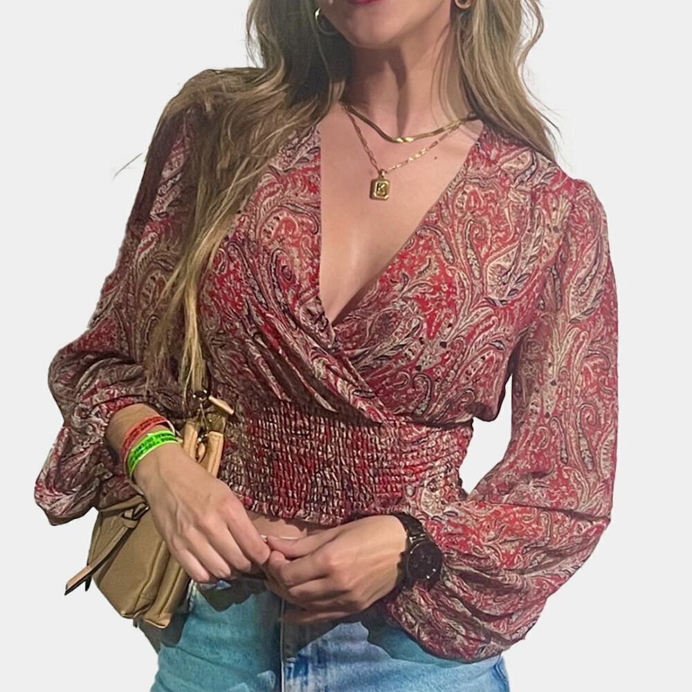 Bardot Red Paisley Bohemian Smocked Waist Cropped Top Size M